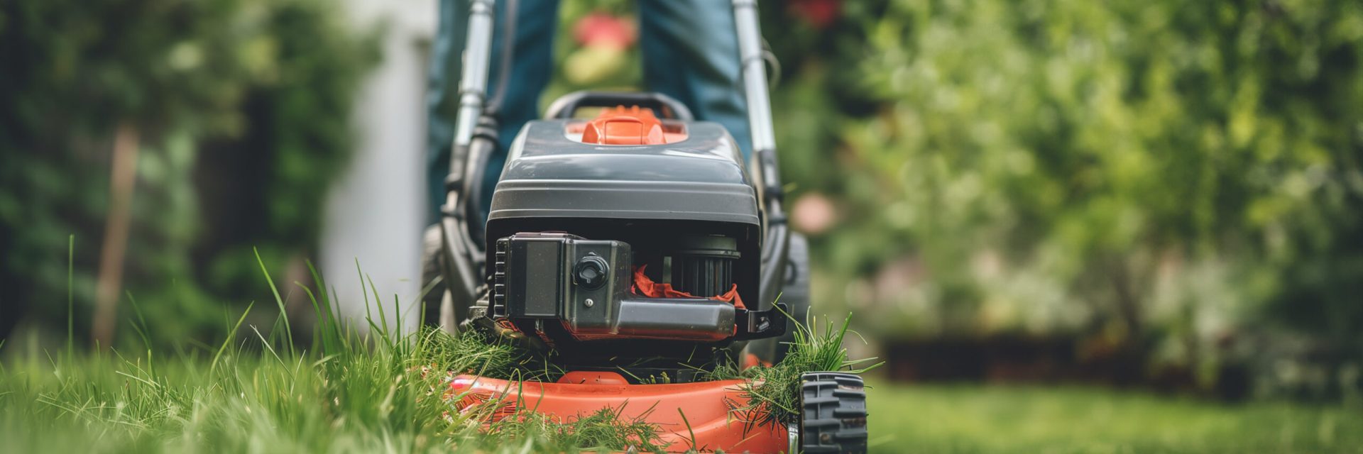 homme qui tond avec une une tondeuse électrique à main, la pelouse de son jardin, on voit la pelouse en gros plan. Entretien, loisirs au jardin, jardiner