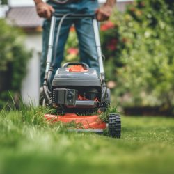 homme qui tond avec une une tondeuse électrique à main, la pelouse de son jardin, on voit la pelouse en gros plan. Entretien, loisirs au jardin, jardiner