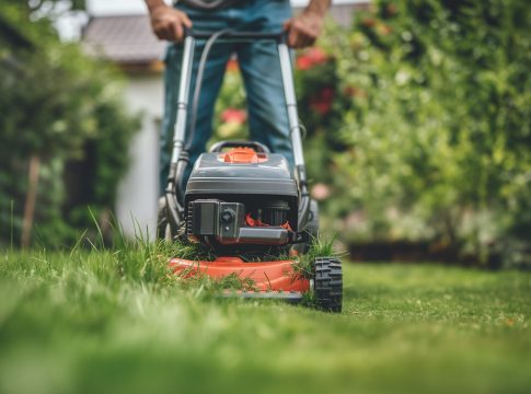 homme qui tond avec une une tondeuse électrique à main, la pelouse de son jardin, on voit la pelouse en gros plan. Entretien, loisirs au jardin, jardiner