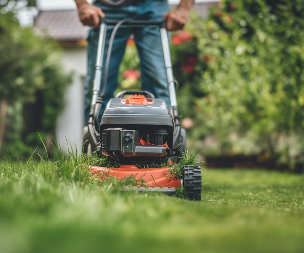 homme qui tond avec une une tondeuse électrique à main, la pelouse de son jardin, on voit la pelouse en gros plan. Entretien, loisirs au jardin, jardiner